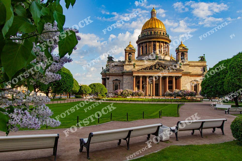 Фотография летнего Санкт-Петербурга, Россия, с архитектурной доминантой города. На изображении показан Исаакиевский собор, расположенный на Исаакиевской площади и представленный на фоне чистого голубого неба. Фотоснимок передаёт атмосферу тёплого летнего дня: сиреневые оттенки в цветовой палитре подчёркивают величие собора и гармонию классической архитектуры. Фото отражает концепцию соборов России и архитектуру городов Российской Федерации, демонстрируя культурное и историческое наследие Санкт-Петербурга. Иллюстрация может использоваться как изображение, картинка или слайд, посвящённые архитектуре и путешествиям по России.